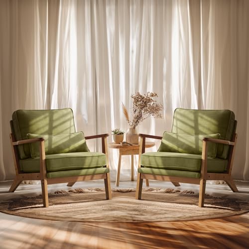 VINGLI Solid Wood Wide Armrests Accent Chair,Upholstered Mid Century Modern Chair with Pillow,Comfy Reading Chair Farmhouse Arm Chair,Chairs Living Room,Bedroom,Guest Room,Linen Fabric,Beige