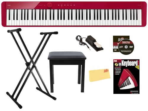 Casio Privia PX-S1100 Digital Piano Bundle with CS-68 Furniture Stand, SP-34 Sustain Pedal, Bench, Instructional Book, DVD, Online Piano Lessons, and Polishing Cloth - Red