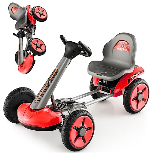 Costzon Electric Go Kart for Kids, 12V Battery Powered Ride on Toy with 2-Position Adjustable Seat & Steering Wheels, Flashing LED Lights, 2 MPH Max Speed, Folding Ride-on Kart for Boys & Girls (Red)