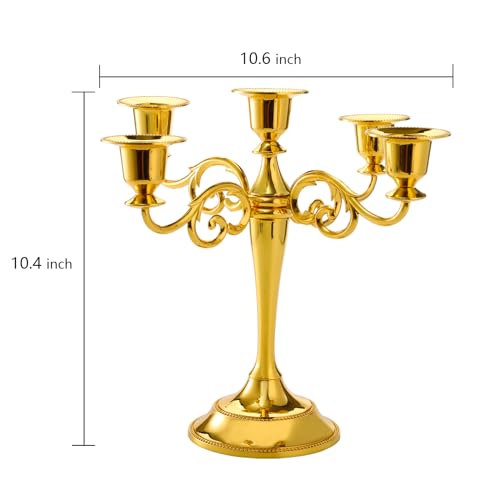 YOUEON Gold 5 Arms Candelabra, 10.4 Inch Metal Tall Candelabra Candle Holder Candlestick Holder for 1 Inch Diameter Pillar Candles, Taper Candle Holder, Candelabra Decoration, Wedding