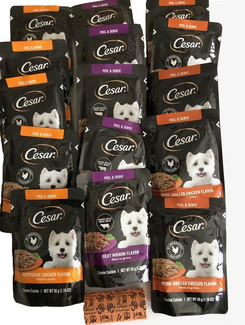 Cesar Canine Cuisine 15 Pouches Variety of Flavors 1.76oz Each Pouch, Plus Dog Waste Bag Roll.