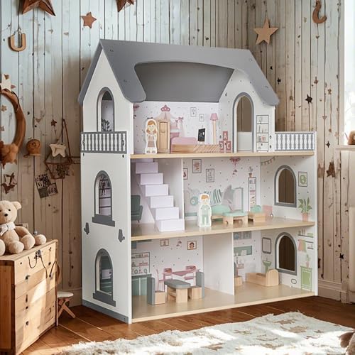 Wooden Dream Playhouse with Balcony, Doll House for Kids with Furniture, DIY Pretend Dolls Play House Toy, Girls Dollhouses Toys with 12 PCS Accessories, Birthday Gifts for Boys & Girls Ages 3+
