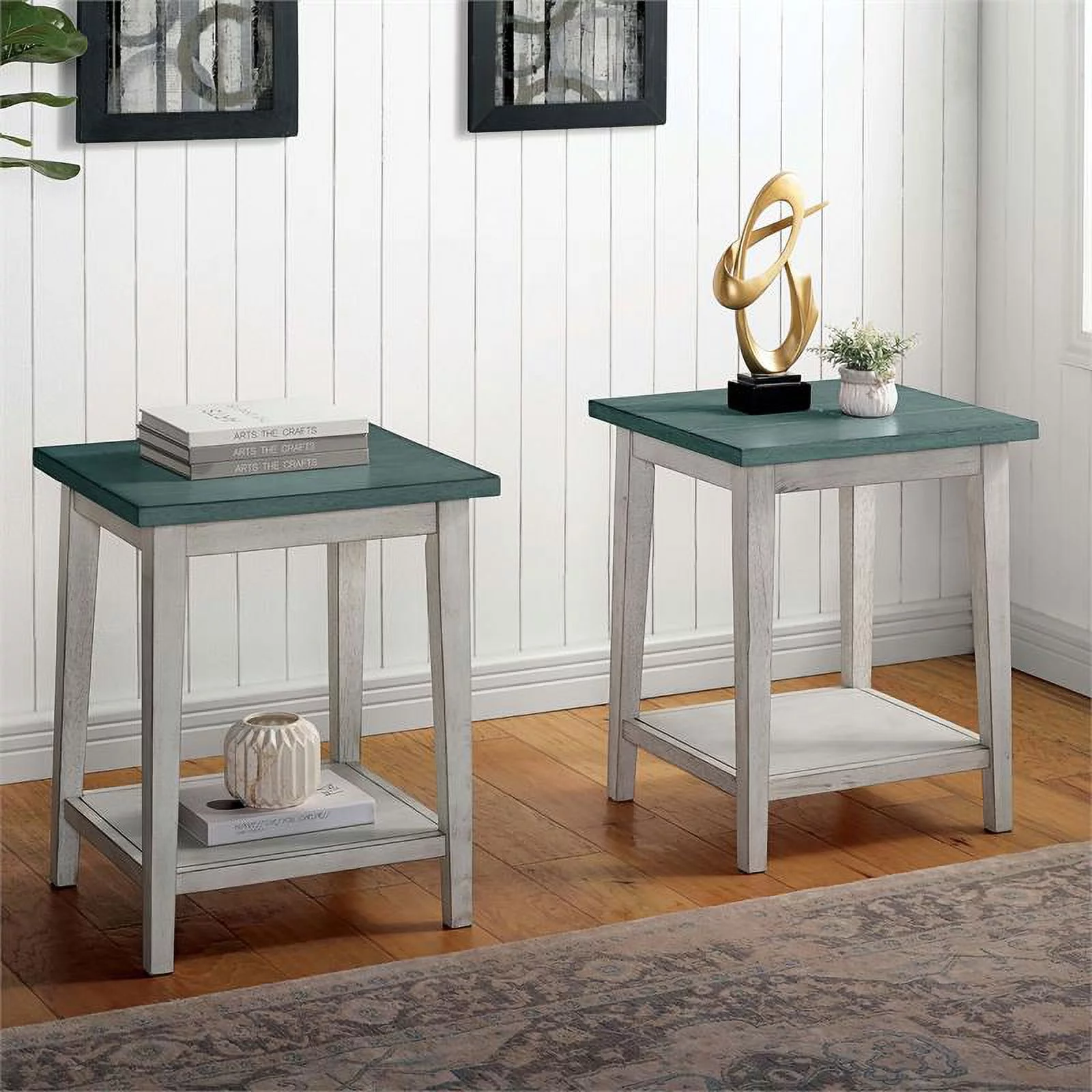 Furniture of America Deldrin Wood 1-Shelf Side Table in Light Green (Set of 2)