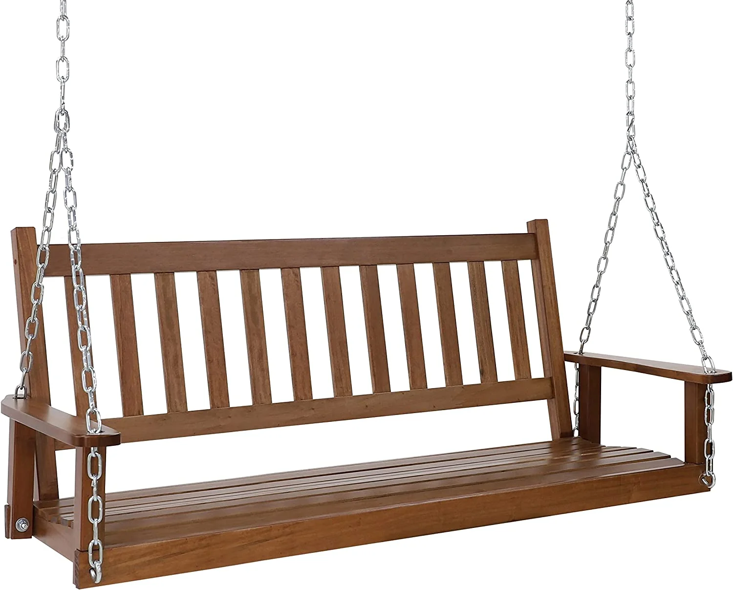 Outdoor Patio Hanging Wooden Porch Swing 5FT with Chains, 3-Person Heavy Duty Swing Bench for Garden and Backyard, Wood Brown