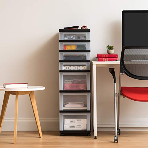 IRIS USA Plastic Drawer Storage Organizer Rolling Cart with Wheels Casters 10-Drawers for Classroom Art Craft Supplies Dresser Closet Bathroom Laundry Room Black/Clear