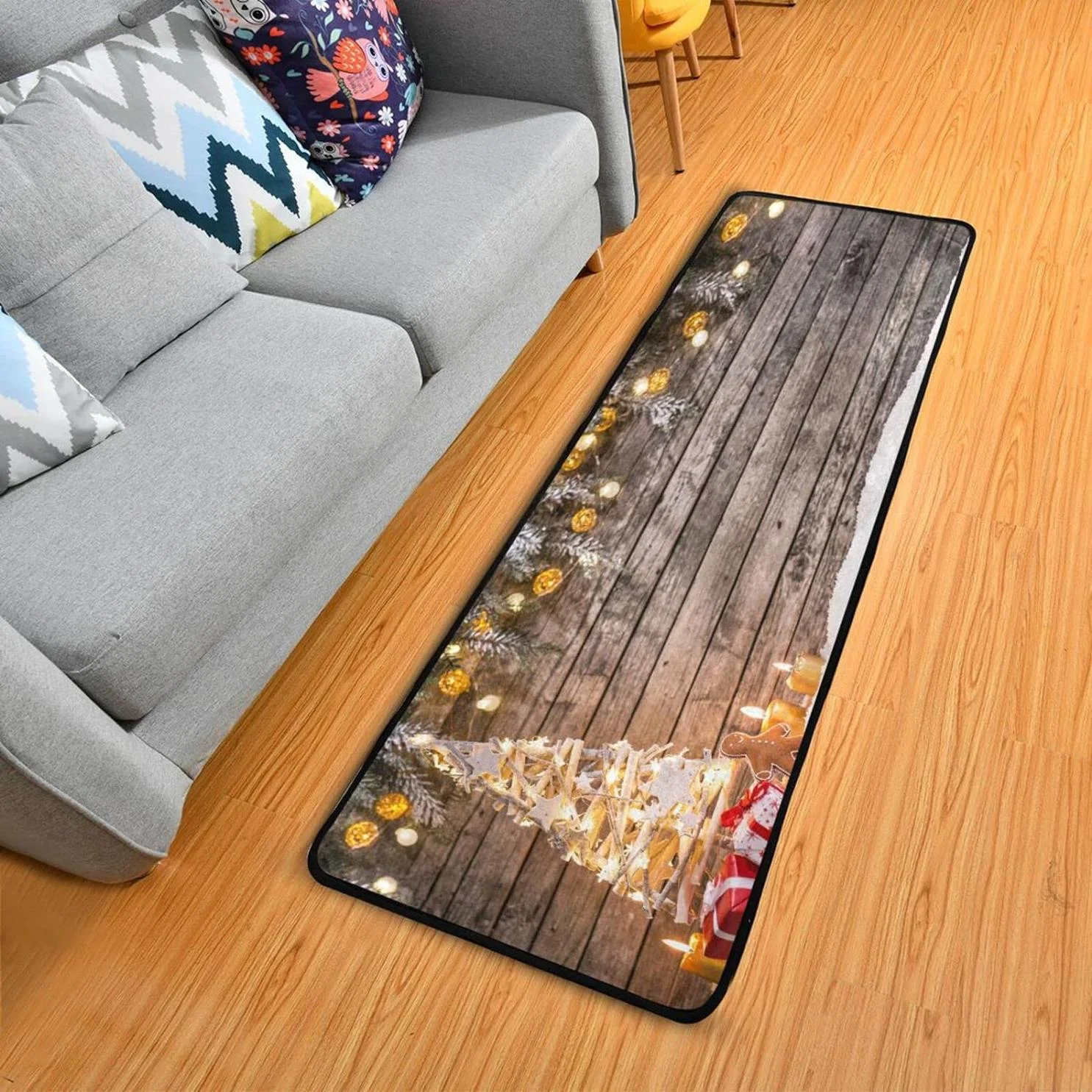 Bestwell Christmas Tree Runner Rug with Rubber Backing, Soft Vintage Wooden Background Non Slip Entryway Rug Runner, Washable Area Rug Carpet for Hallway Bedroom Kitchen Decor,24x72 inch