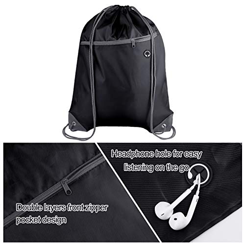 KUUQA 12Pcs Drawstring Backpack Bags Bulk with Zipper Pocket and Headphone Hole（Black）