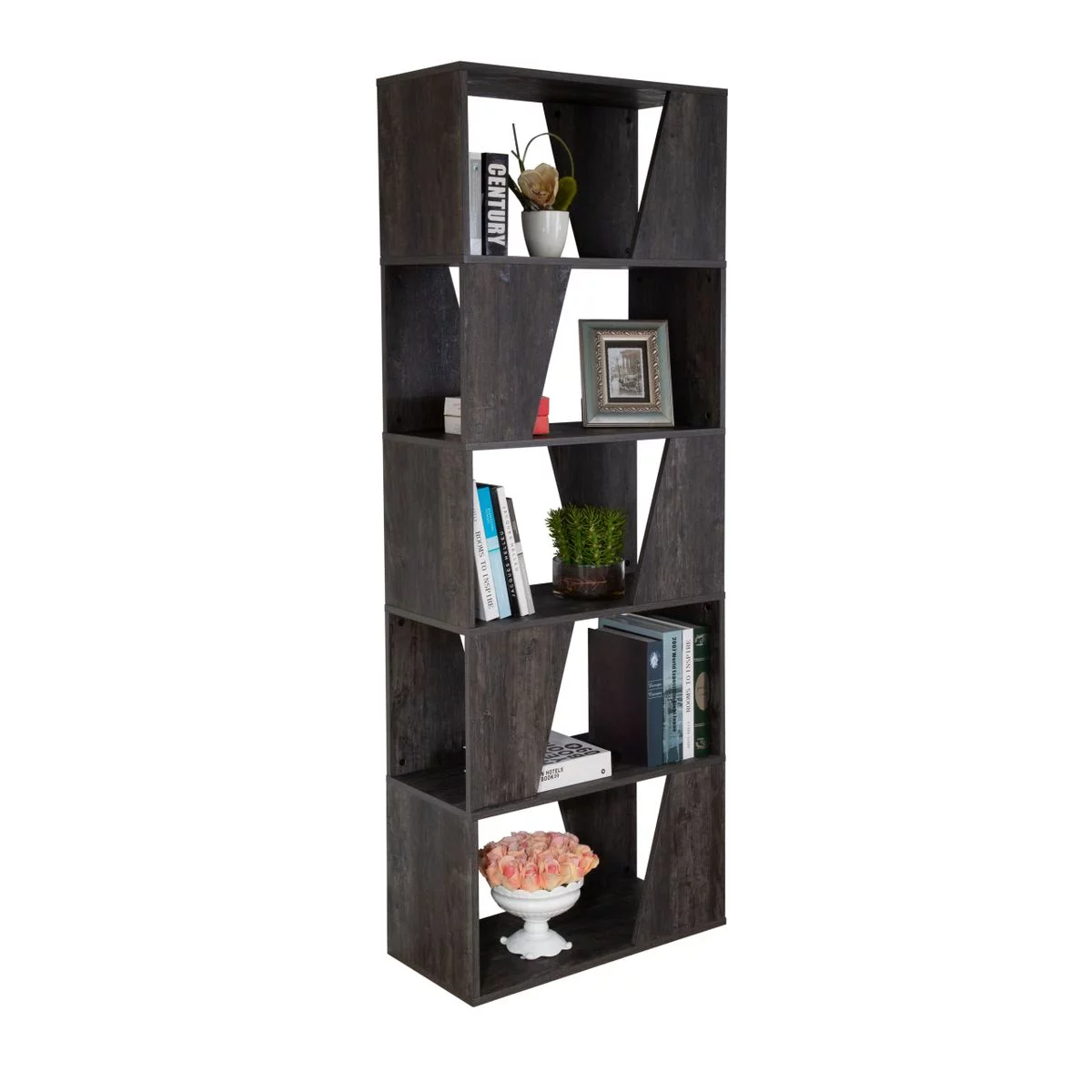 5-tier Wooden Bookcase, Display Bookshelf And Room Divider Storage Shelving Unit in Washed Black Finish