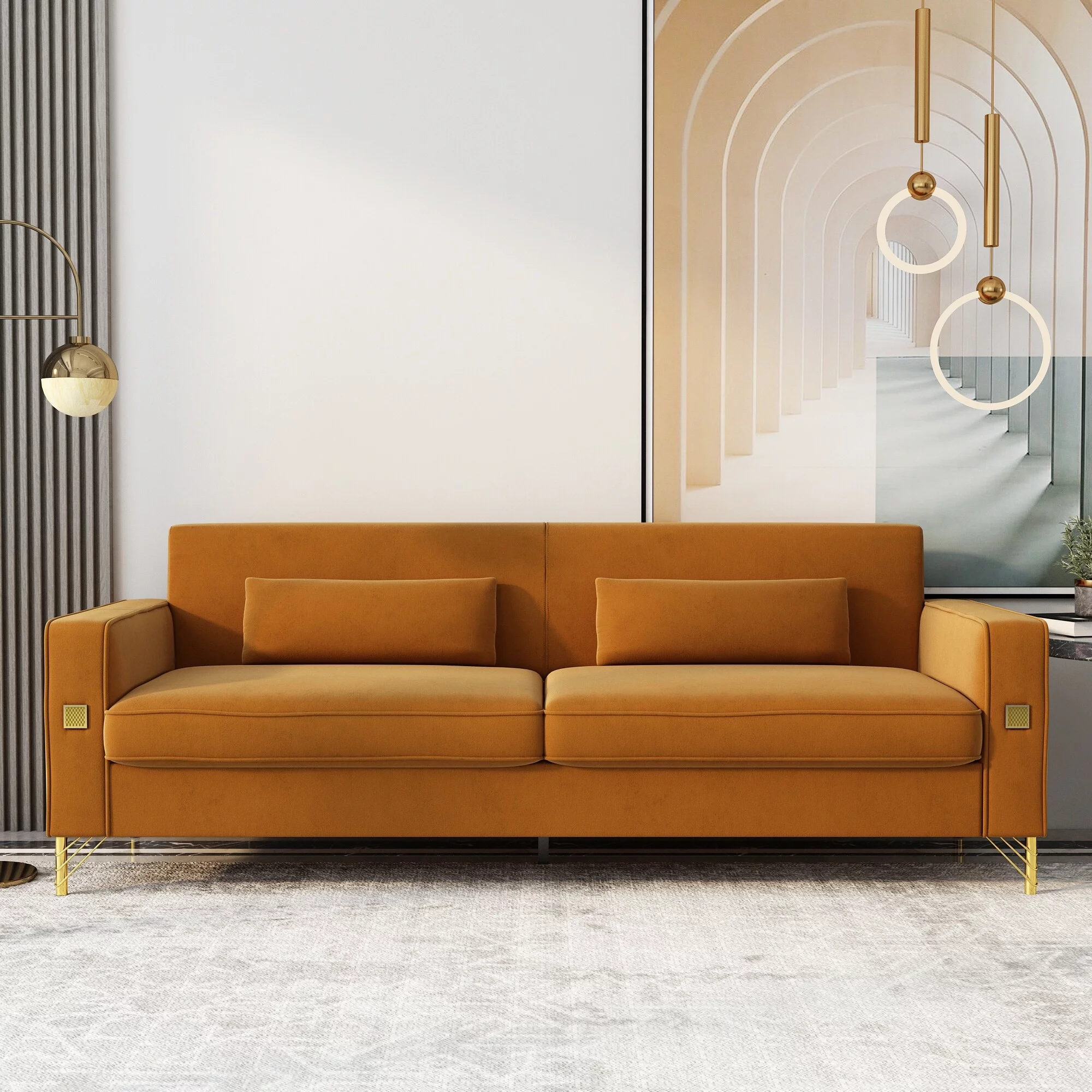 Modern Velvet Upholstery Loveseat with Cushions and Metal Legs Black