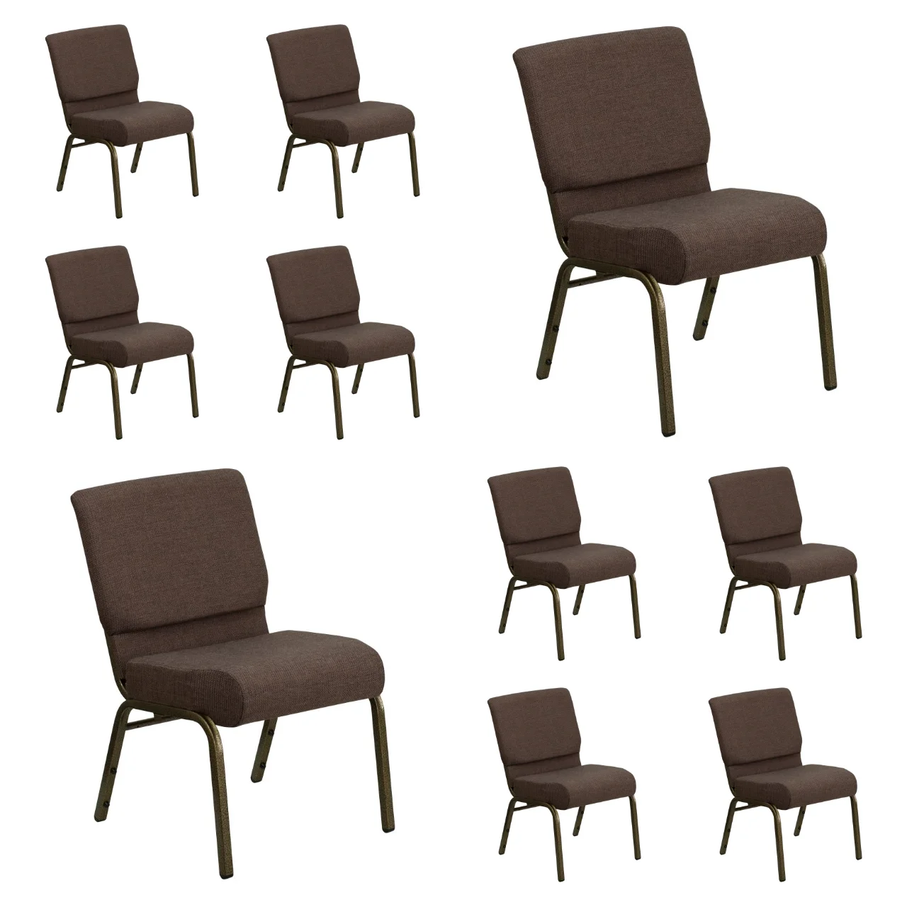 (10 PACK) 21'' Wide Dark Brown Fabric Church Chair with Book Pouch and Gold Vein Frame - Multipurpose Stackable Office Side Chair