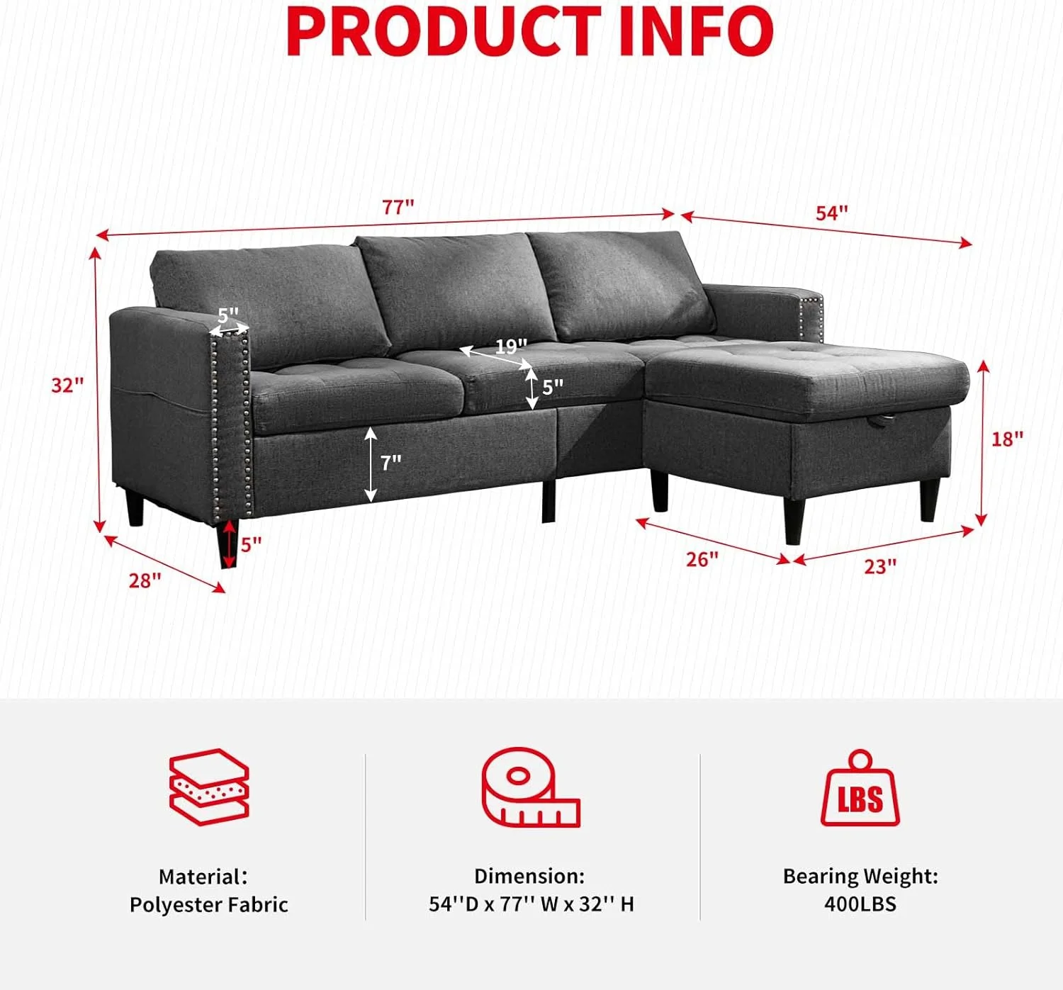 MUZZ Reversible Modular Sectional Sofa Couch Set, L Shaped 3-Seater Sleeper Sofa Bed with Movable Storage Ottoman Chaise for Living Room/Apartment/Office(Dark Grey)