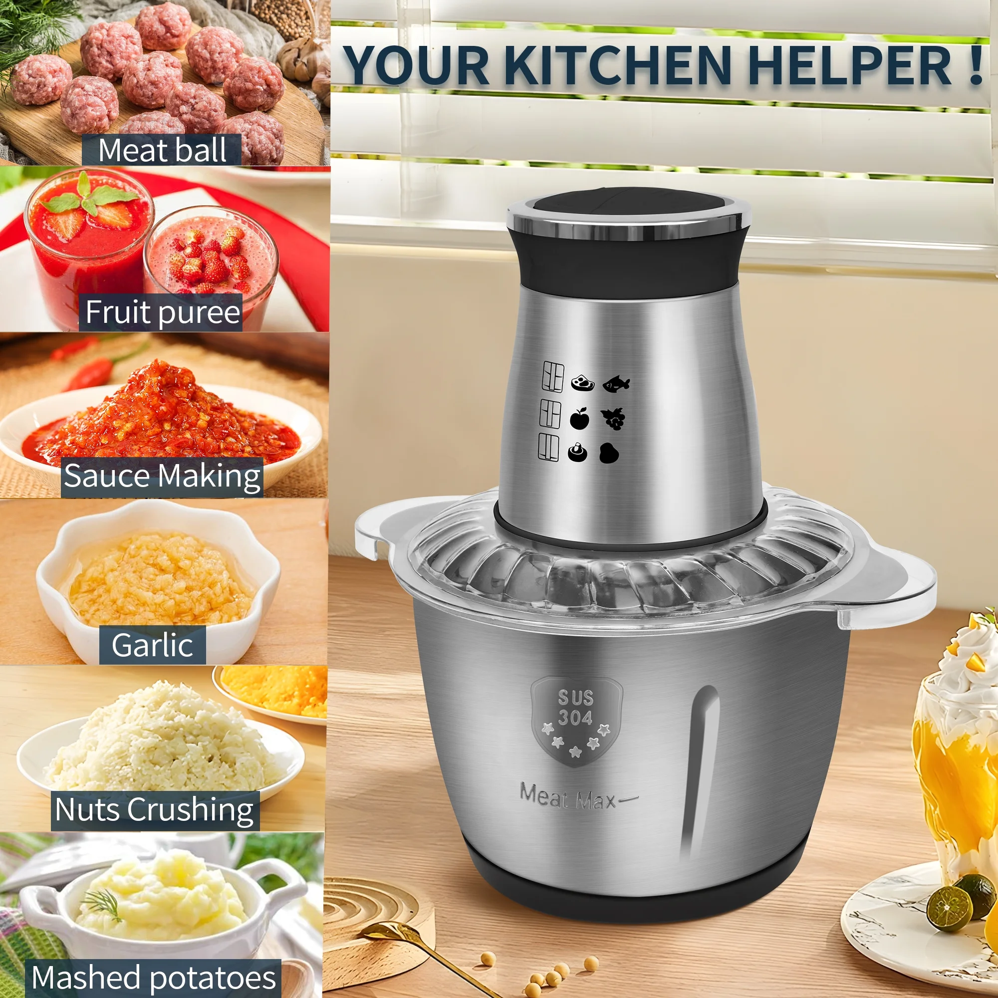 Electric Food Chopper Meat Grinder, 3L/13Cup Stainless Steel Food Processor, 300W Motor Dual Speeds 4 Sharp Blades 6-Sec Grinding for Dicing, Mincing, Puree, Baby Food, Meat, Nuts