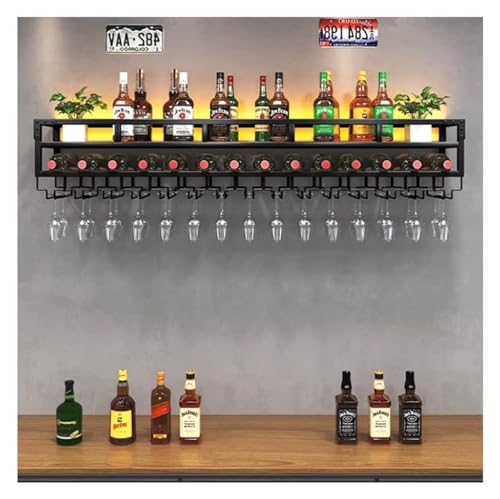 Bar Unit Floating Shelves, 2-Layer Industrial Style Wall Mounted Wine Rack Inverted Wine Glass Rack with LED Light for Home Bar Dining Room Decor All-Round Anti-Fall Guardrail