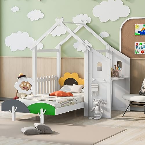 House-Shaped Twin Size Platform Bed with Windmill and Flower Decor, Solid Wood House Bed Kids Bed with Desk and 2 Handles for Girls Boys, Strong Sturdy Slats Support (at-White)