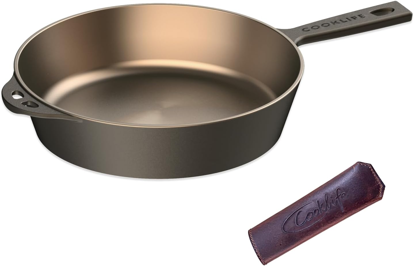 10.25 Inch Smooth Pre-Seasoned Round Cast Iron Skillet with Handle Cover, Frying Pan with Long Handle - Use in th Oven, Over a Campfire Fire or on the Stovetop, Induction, Grill, Bronze