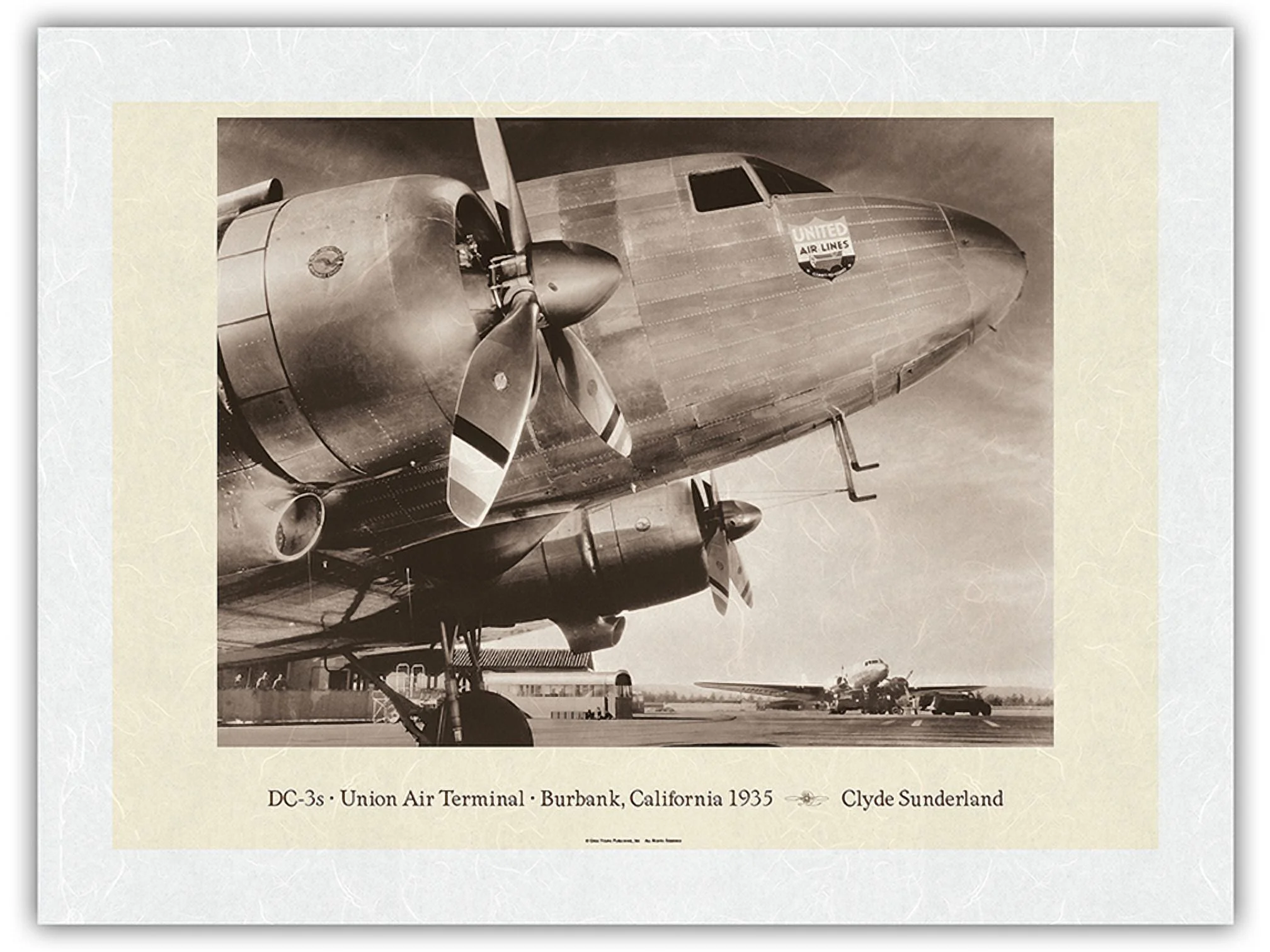 Douglas DC-3's - Union Air Terminal Burbank California 1935 - United Air Lines - Vintage Aviation Poster by Clyde Sunderland - Japanese Unryu Rice Paper Art Print (Unframed) 18 x 24 in
