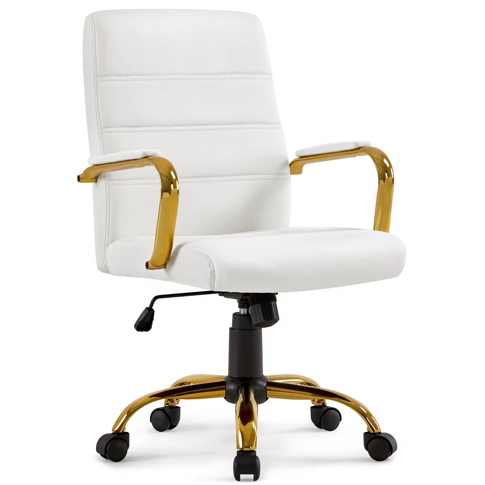 Yaheetech 360° Swivel PU Leather Office Chair with Gold Frame, White