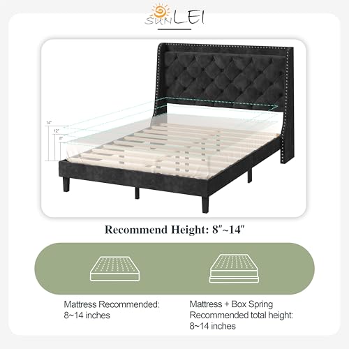 SUNLEI Queen Size Bed Frame with Diamond Tufted Headboard and Storage, Upholstered Platform Bed Frame Queen with 2 Large Wingbacks, Sturdy Wooden Slats Support, Easy Assembly, Velvet Black