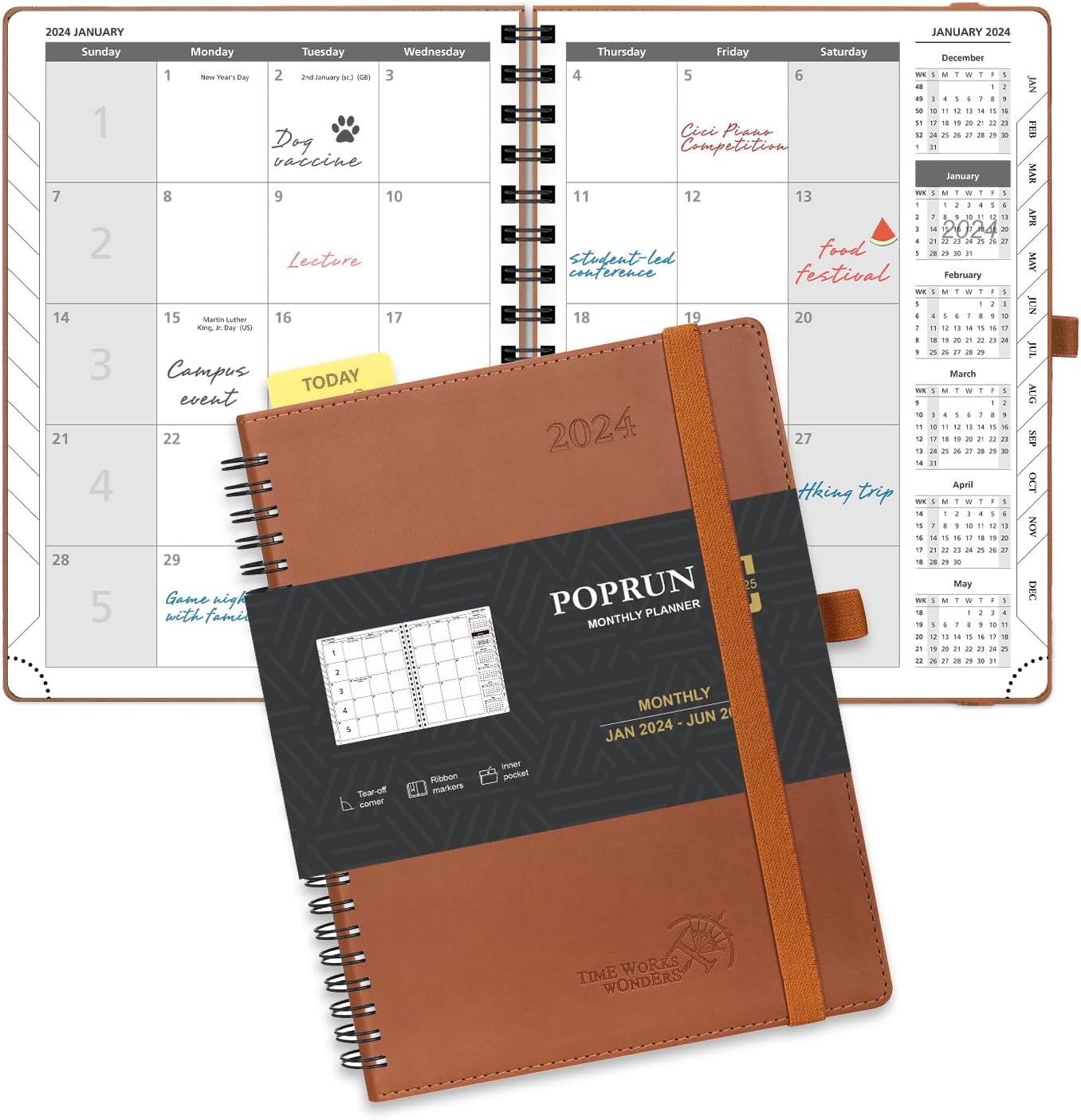 POPRUN Monthly Planner 2024-2025 Spiral Bound (6.5'' x 8.5'') 18 Months Calendar (Jan 2024 - Jun 2025) - 4 Pages per Month with Monthly Expense & Notes, Vegan Leather Cover - Brown