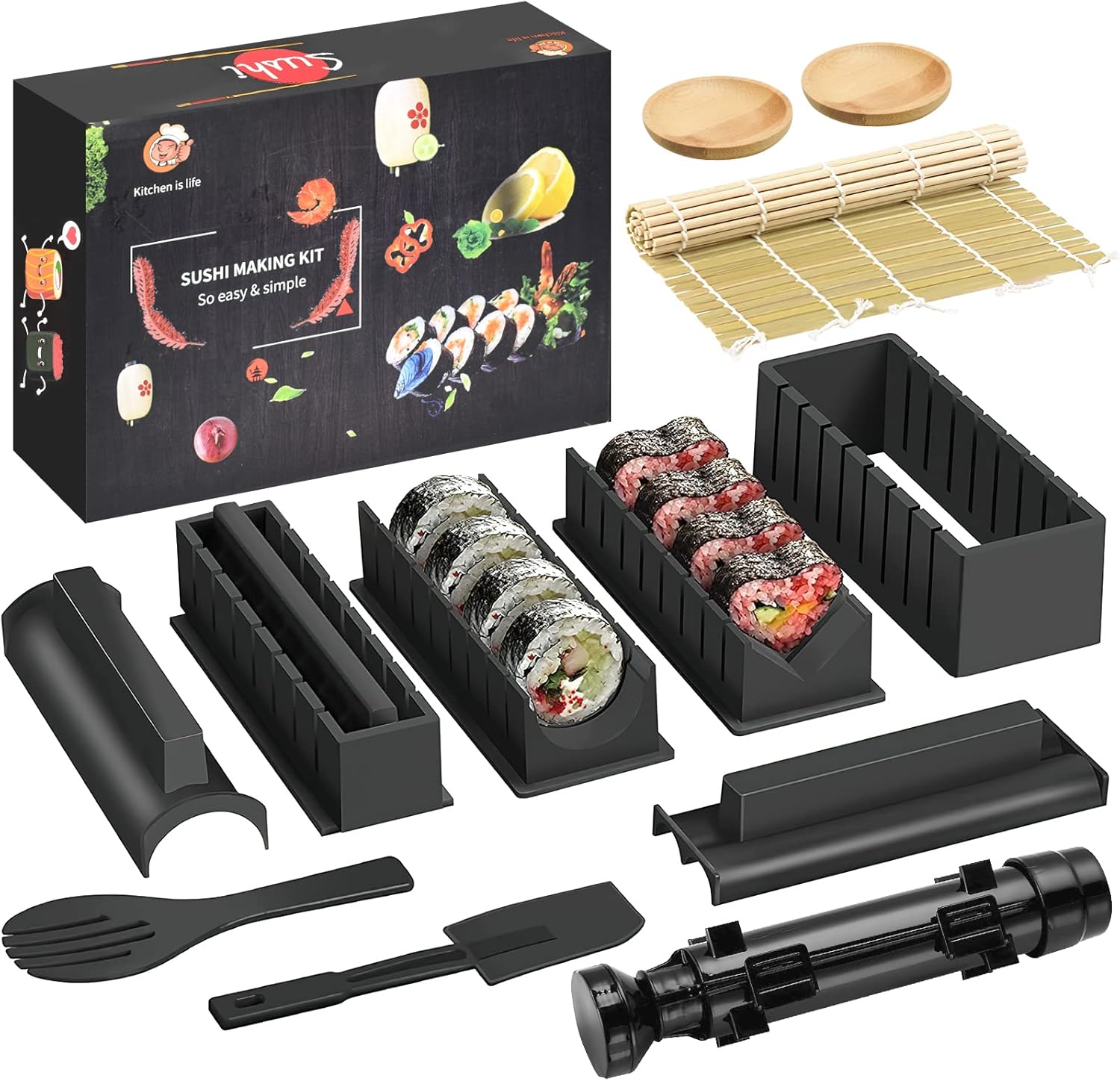 Sushi Making Kit, Sushi bazooka roller kit with Bamboo Mats, Complete Sushi Maker with Sushi Rice Roll Mold Shapes, Fork, Spatula Blade, Sauce Dishes