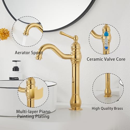 GGStudy 360° Swivel Antique Brass Bathroom Vessel Sink Faucet Single Handle One Hole Matching with Pop Up Drain