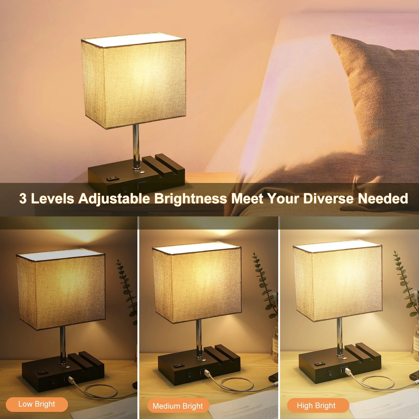 Neoglint Bedside Table Lamp with 2 USB Charging Ports and 2 AC Outlets, Fully Dimmable Nightstand Lamps with 2 Phone Stands, Small Desk Lamp with Fabric Shade for Living Room Bedroom