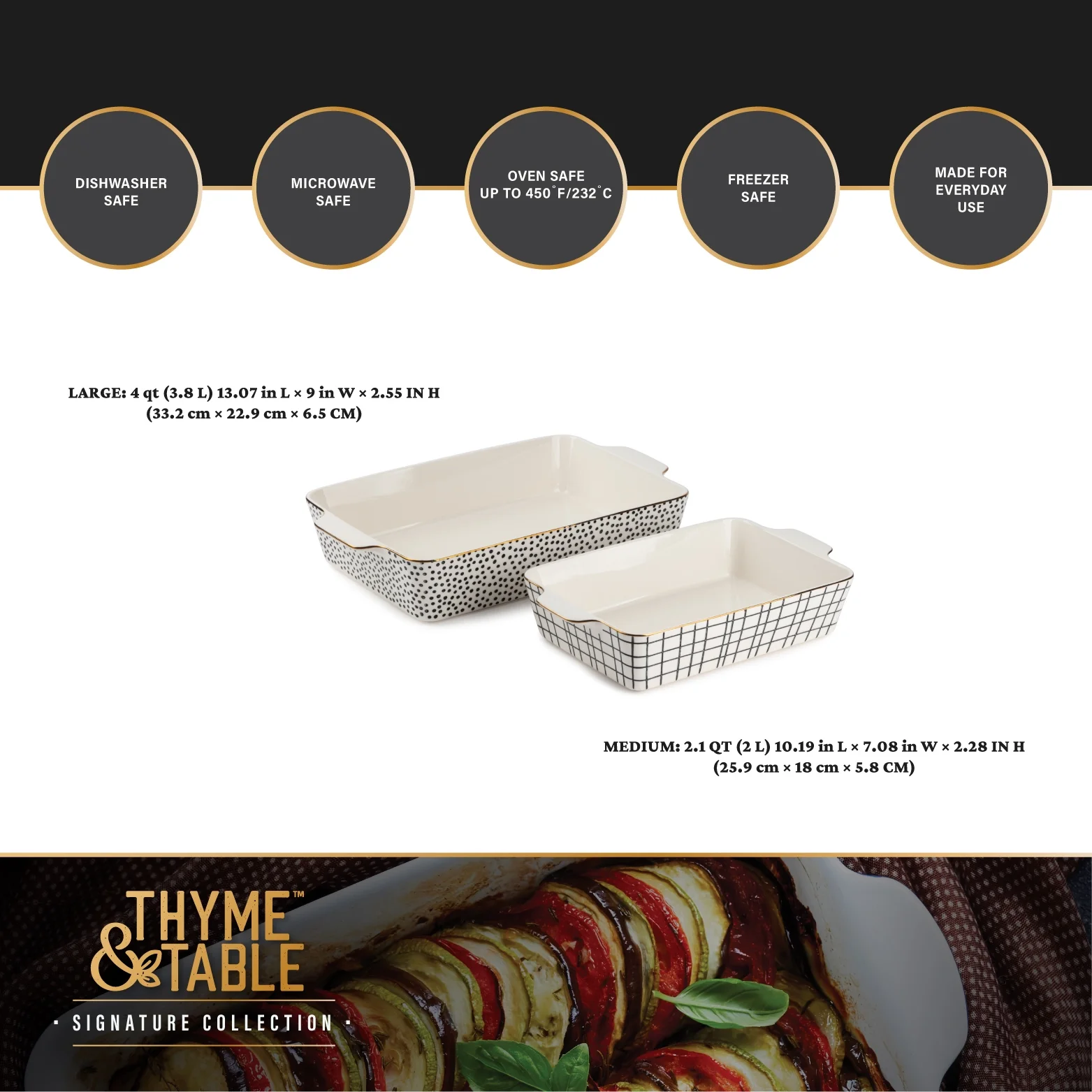 Thyme & Table Stoneware Rectangular Baker, Baking Dish, Black & White Dot, 2-Piece Set