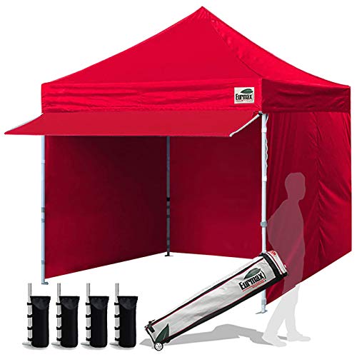 Eurmax USA 10 x 10 Pop up Canopy Commercial Tent Outdoor Party Canopies with 4 Removable Zippered Sidewalls and Roller Bag Bonus 4 Canopy Sand Bags & 24 Squre Ft Extended Awning(White)