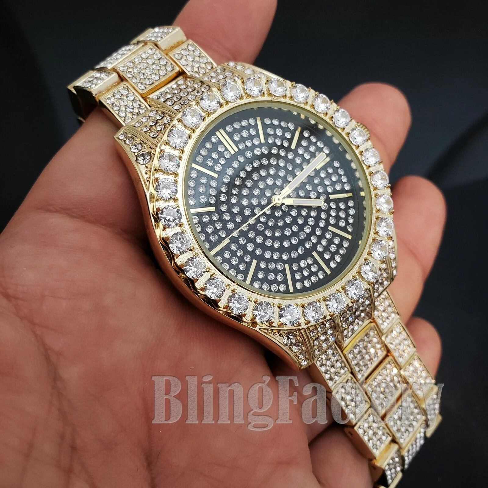 MEN ICED HIP HOP GOLD PT FASHION WATCH & ACE of SPADES BLING PENDANT COMBO SET