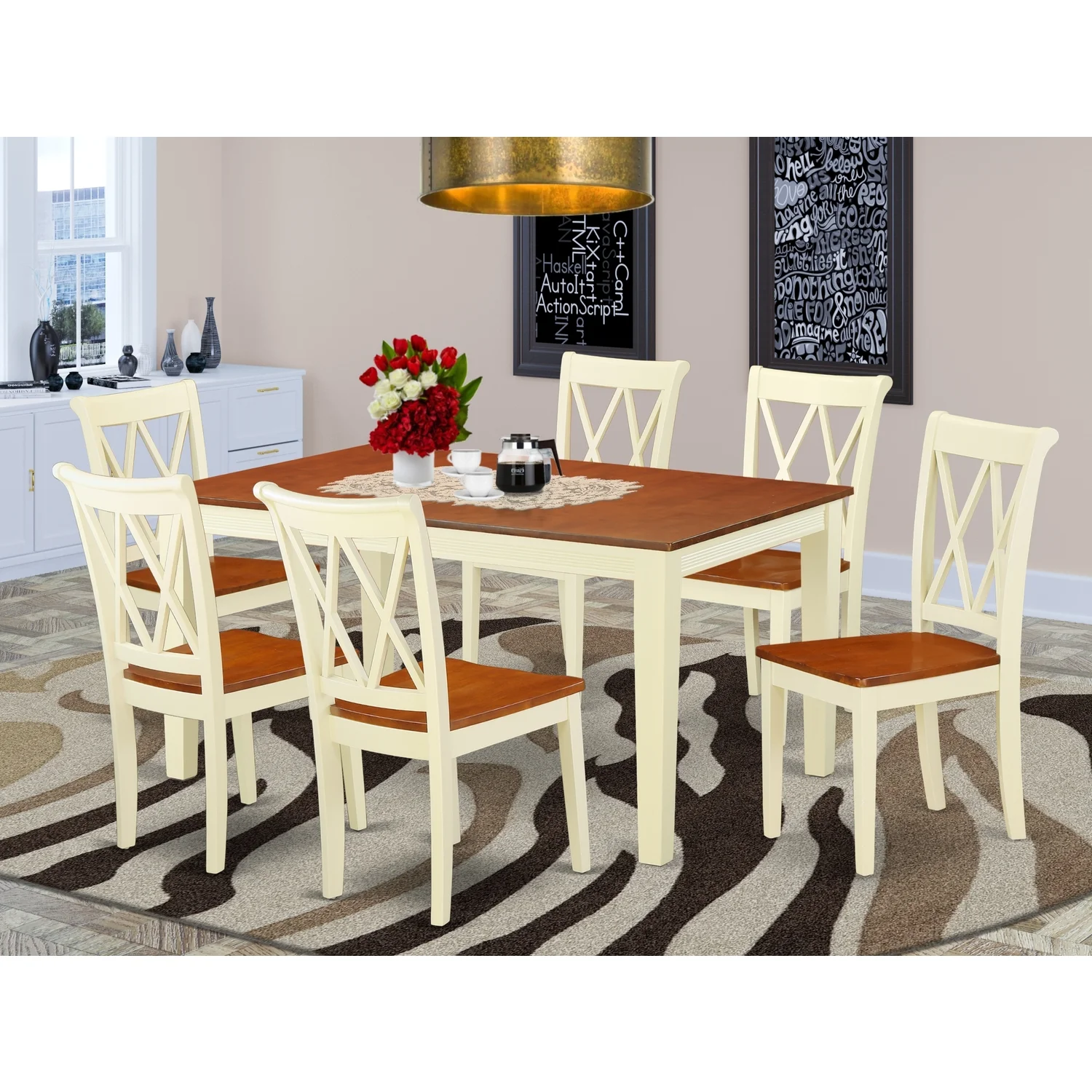 East West Furniture Nicoli 7-piece Wood Dining Table Set in Buttermilk/Cherry