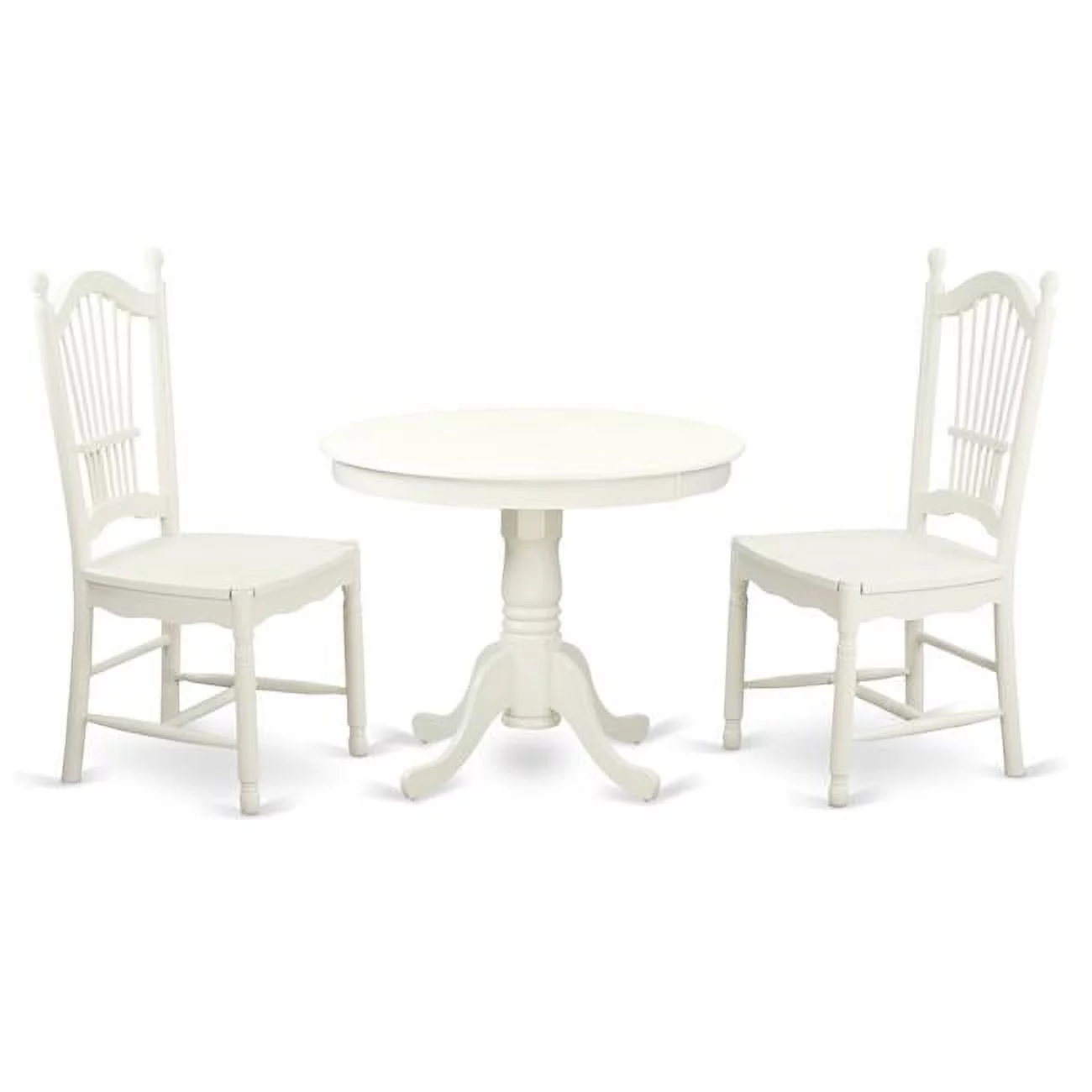 East West Furniture ANDO3-LWH-W Dining Set - One Round Table & Two Wood Seat Chairs, Linen White - 36 in. - 3 Piece