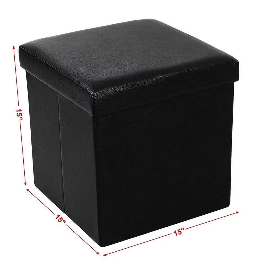 SamyoHome 15 Inches Folding Storage Ottoman, Cube Storage Boxes Footrest Stool, Small Ottomans with Foam Padded Seat Black