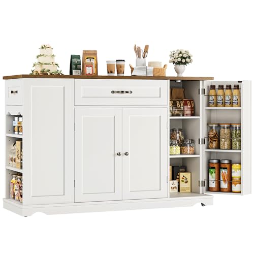 HOSTACK Kitchen Island Cart with Storage, 47'' Kitchen Storage Island on Wheels with 2 Drawers, Rolling Island Table with Adjustable Shelves, Mobile Buffet Sideboard Cabinet for Dining Room, White