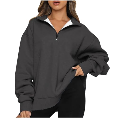 Oversized Half Lapel Zip Sweatshirts for Women 2024 Fall Winter Casual Solid Long Sleeve Pullover Tops