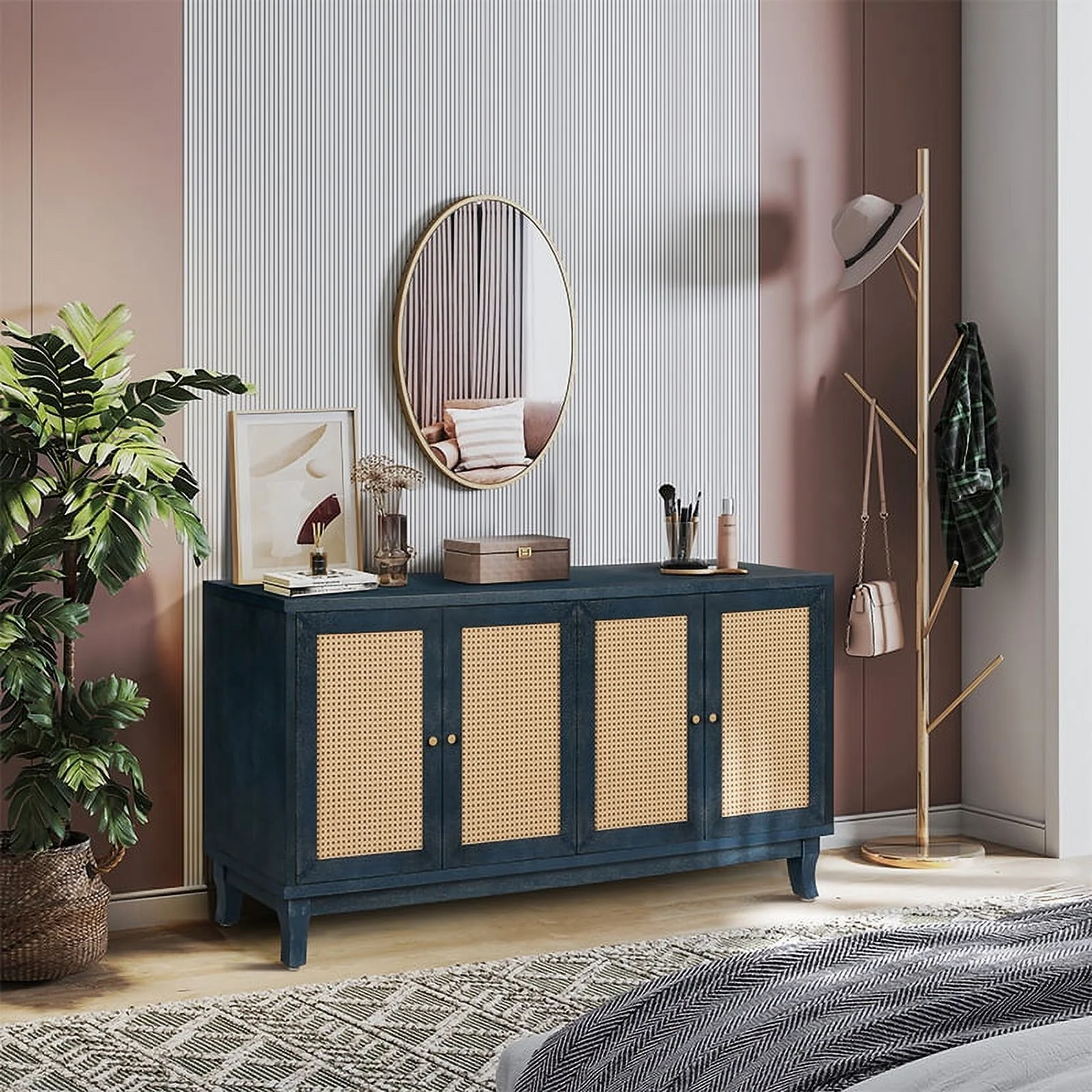 Sideboard Wooden Cabinet with U-Style Accent and Antique Blue Finish - 4 Doors Storage Cabinet for Hallway Entryway Living Room Bedroom