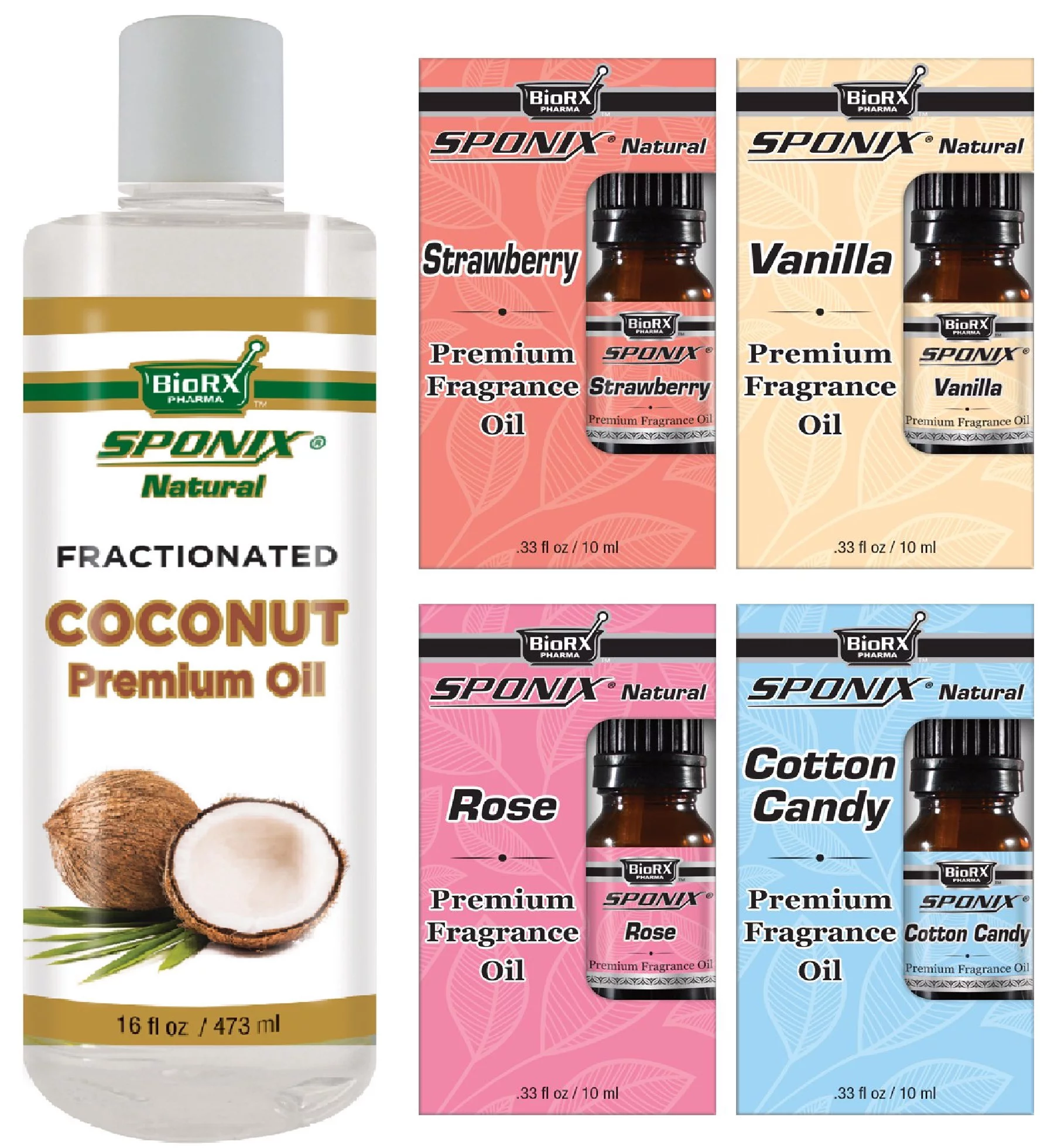 Coconut Carrier Oil 16 Oz ( 473 mL ) USDA Organic - Strawberry, Vanilla, Rose and Cotton Candy 10 mL Each - Fragrance Oils and Carrier Oil Combo - Fragrance Skincare Kit 5 by Sponix Made in USA