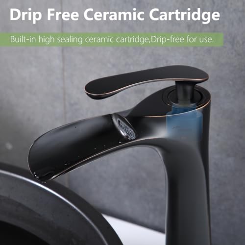 Bathroom Vessel Sink Faucet, Waterfall Oil Rubbed Bronze Bathroom Faucet, Vessel Faucet, Tall Body 1 Hole Single Handle with Pop Up Drain Combo Vanity Mixer Tap Basin Bowl Sink