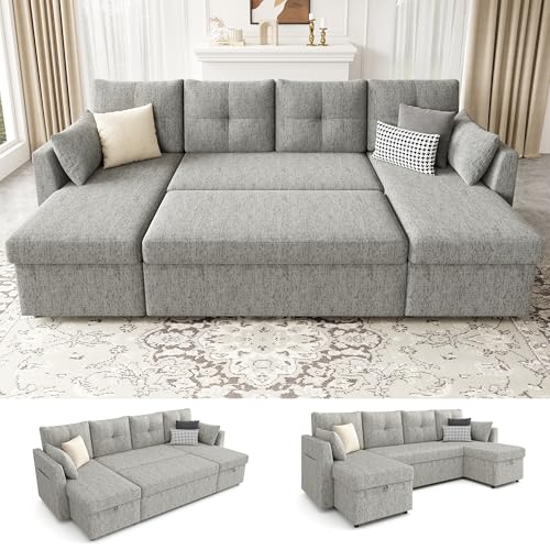 Oversized Sleeper Sofa Couch, 110 inch 2 in 1 Pullout Couch Bed with Double Storage Chaise, Sectional Sleeper Sofa Bed with Side Pocket for Living Room, Dark Grey