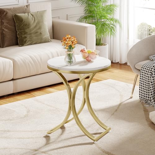 Tribesigns 2PCS Round Side Table Faux Marble Top Gold Metal Legs, Modern End Table Nightstand for Living Room, Bedroom (Particle Board + Powder-Coated Iron Frame)