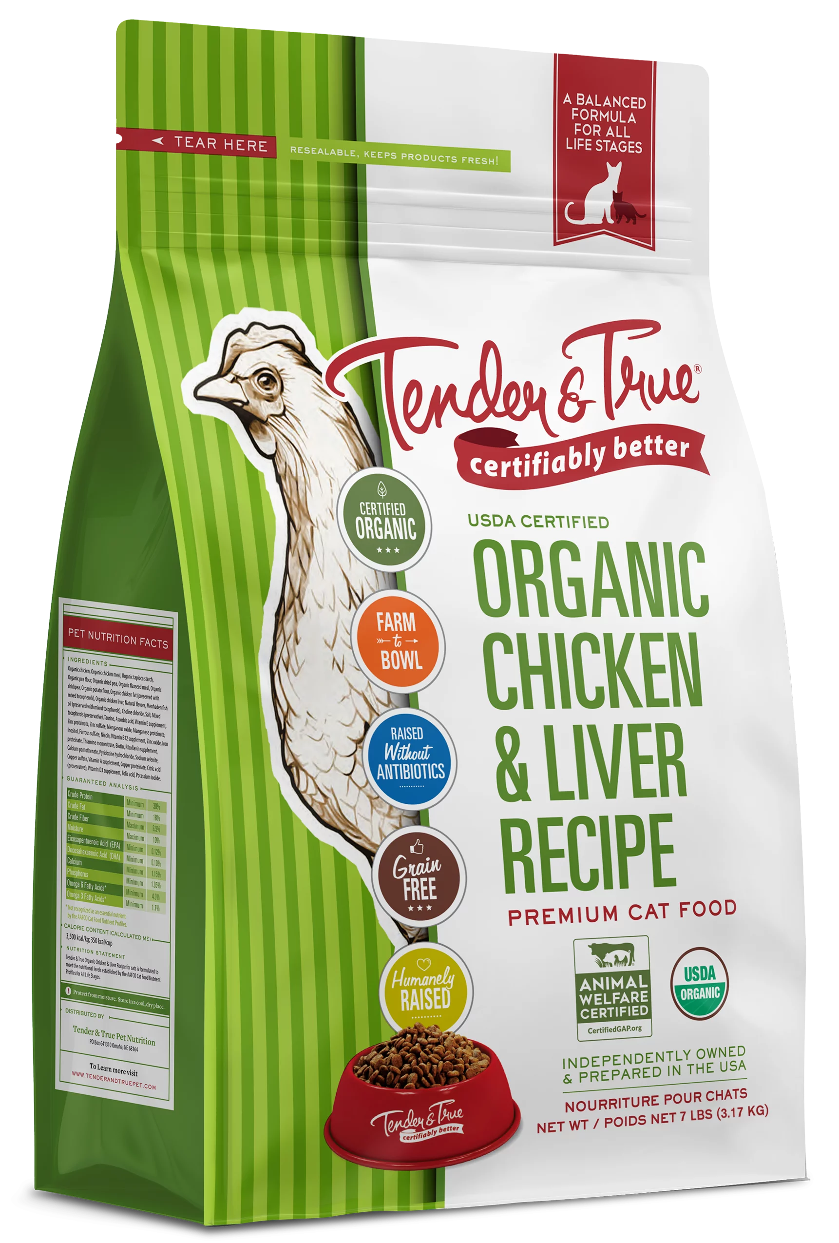 Tender & True Organic Chicken & Liver Recipe Dry Cat Food, 7 lb bag