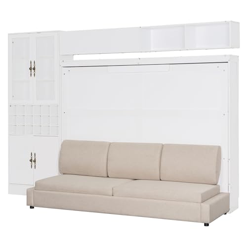 P PURLOVE Queen Murphy Bed with Sofa and Shelves, Wooden Wall Bed with USB and Light, No Box Spring Needed (White)