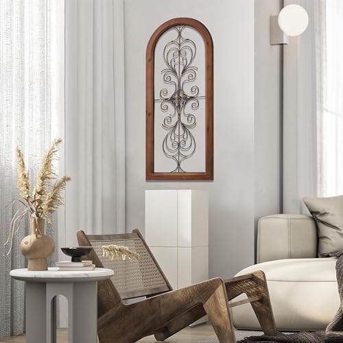 Sintosin Vintage Metal Wall Art for Living Room 13 X 32 Inches, Handmade Distressed Wooden Wall Panels with Carved Wrought Iron above Bed Decor, Farmhouse Wall Decor for Kitchen Entryway Firepacle