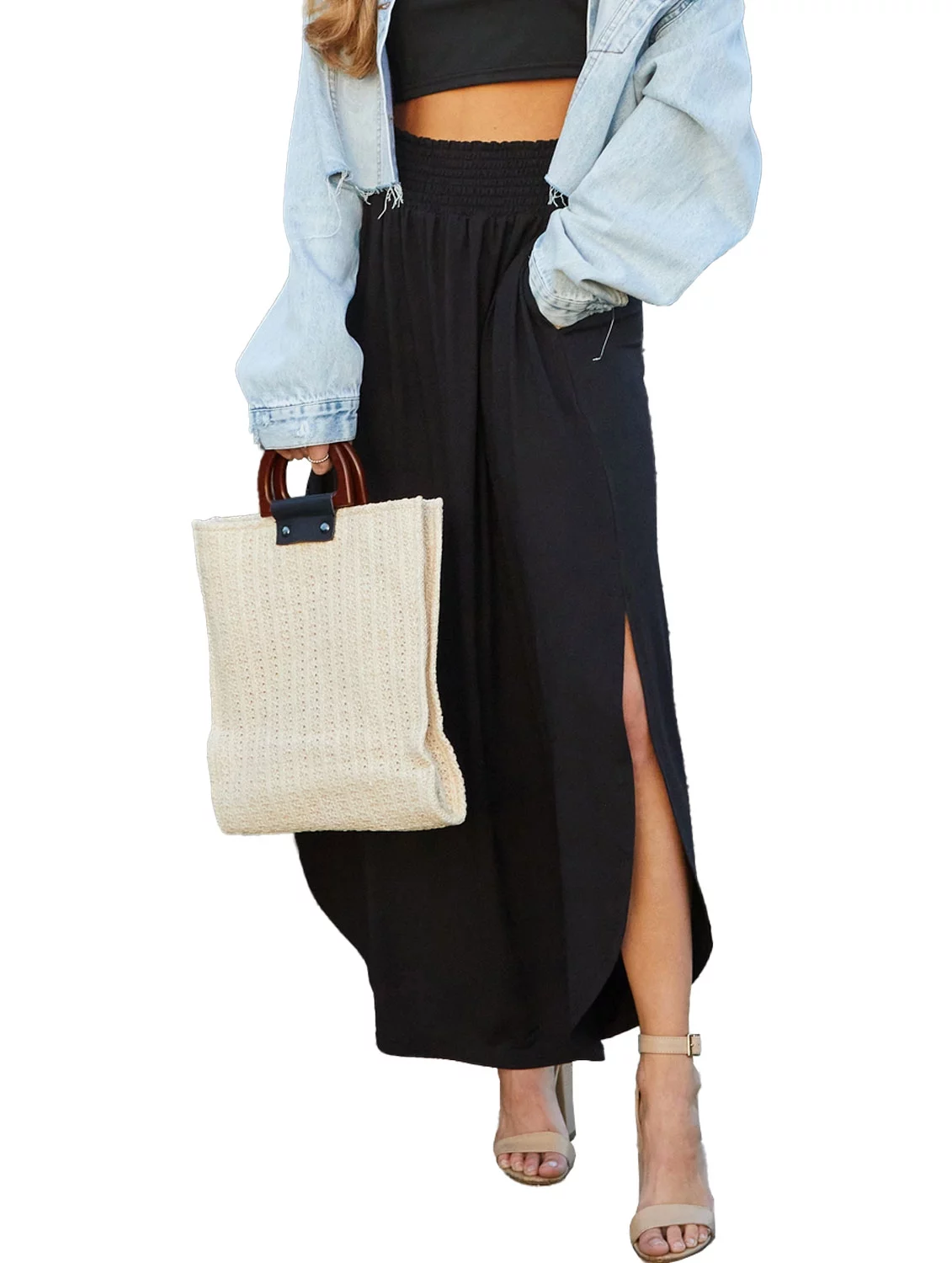 Doublju Women's Smocked Waist Band Maxi Skirt