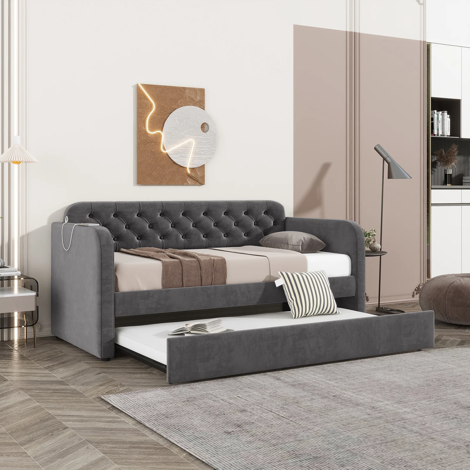 WII UWILL Twin Size Velvet Upholstered Daybed with Trundle,USB-C and Type-C,Backrest and Armrests Modern Day Bed Frame for Bedroom Guestroom Living Room,Wood Slats Support, Easy to Assemble