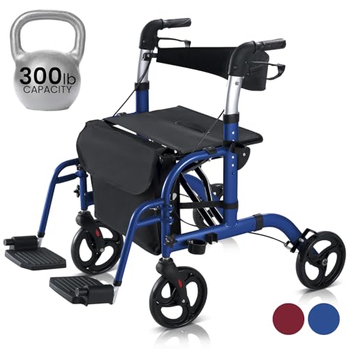 Vive 2 in 1 Rollator Transport Wheelchair Walker for Seniors - Lightweight, Foldable, Medical 4 Wheel Chair Combo with Seat - Portable Walking Mobility Aid for Men Women, 300 Pound Capacity