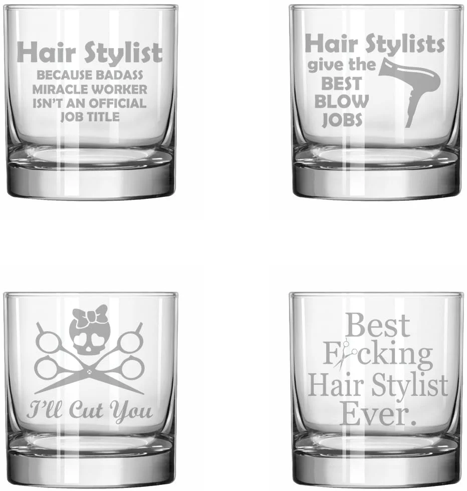 MIP Set of 4 Glass 11 oz Rocks Whiskey Glass Gift Hair Stylist Collection
