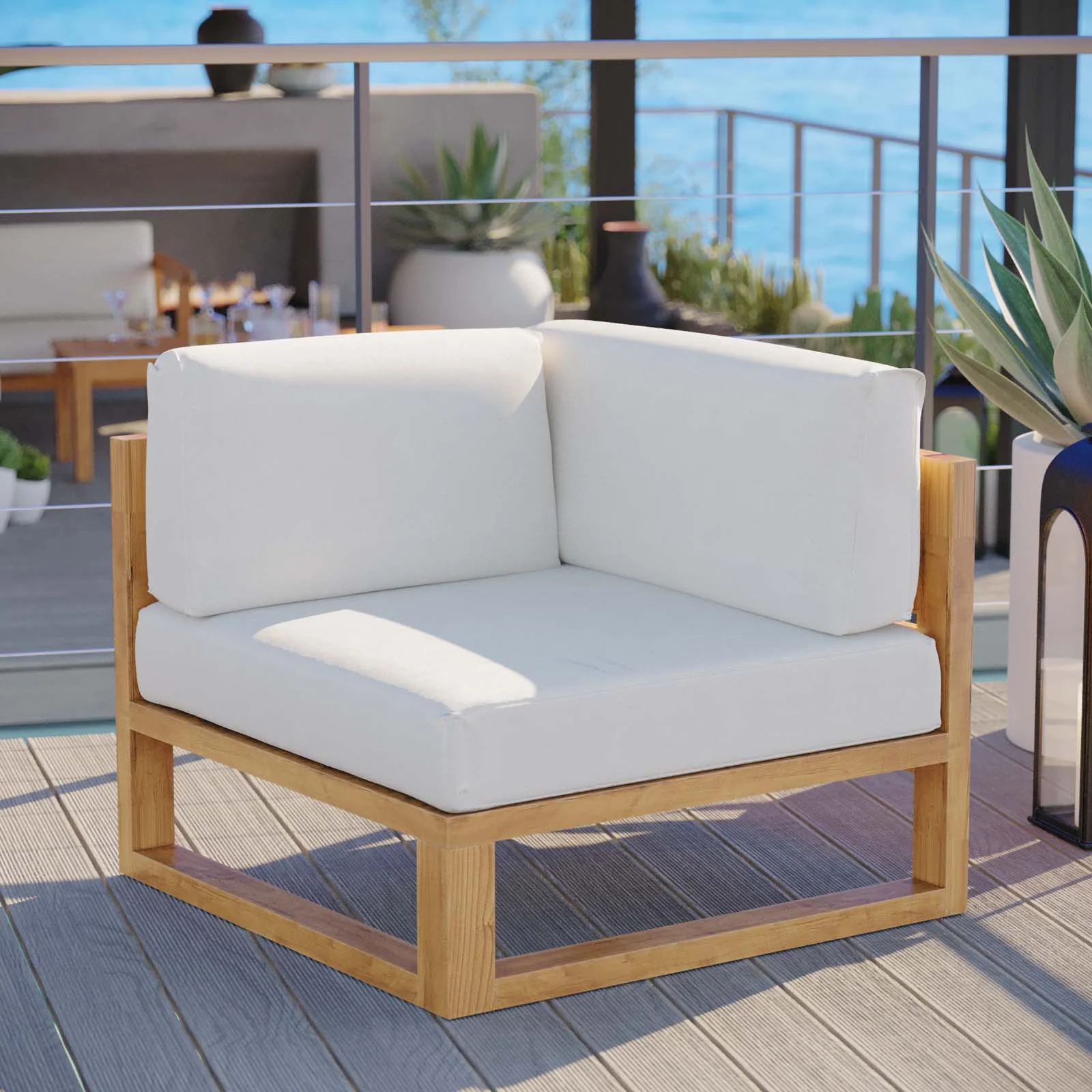 Modway Upland Outdoor Patio Teak Wood Corner Chair in Natural White