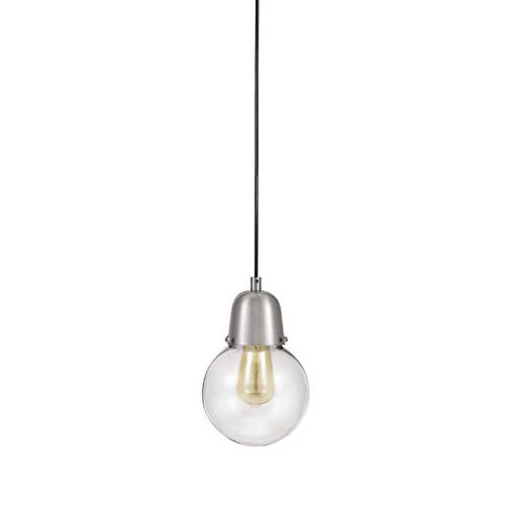 Rivet Mid-Century Modern Glass Globe Plug-In Hanging Chandelier With LED Light Bulb - 6.25 x 6.25 x 9.75 Inches, Brushed Nickel