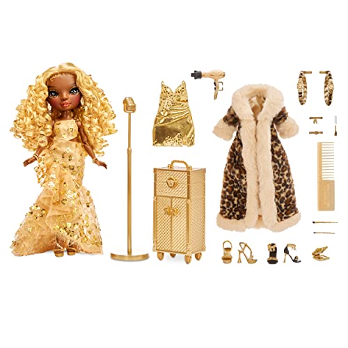 Rainbow High Rainbow Vision Rainbow Divas- Meline Luxe (Gold Yellow) Posable Fashion Doll with 2 Designer Outfits to Mix & Match + Vanity Playset, Great Toy Gift for Kids 6-12 Years Old & Collectors