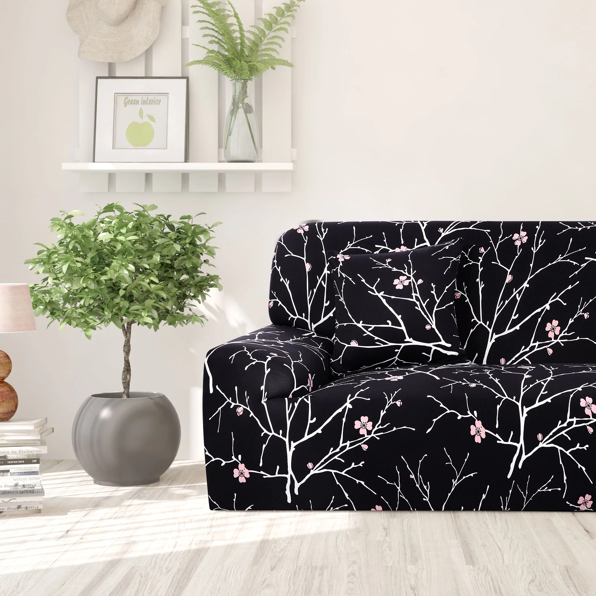 PiccoCasa Stretch Spandex Sofa Slipcover for 3 Seater, Black White Branches Large
